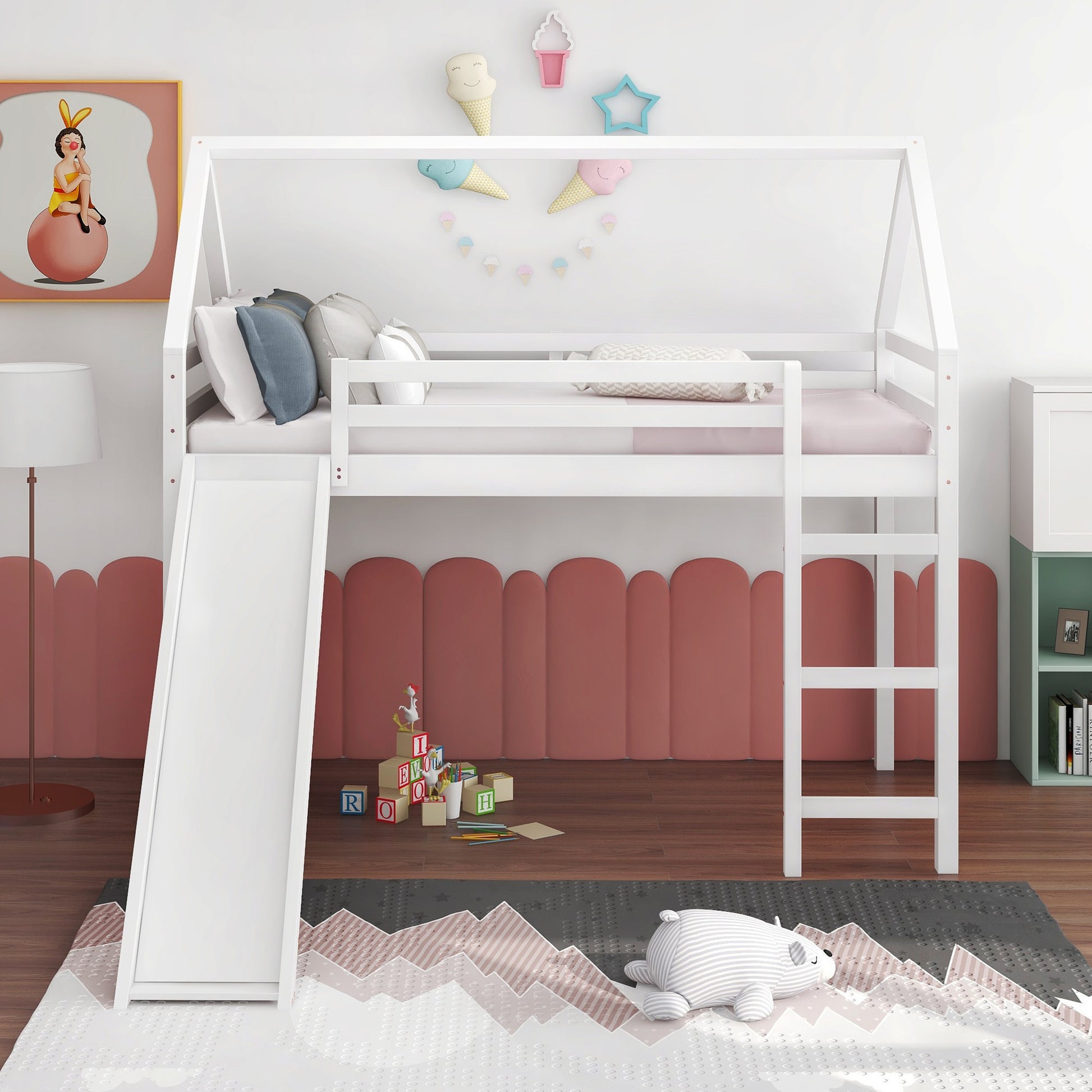 White Twin Size Slide House Loft Bed By Homeroots | Beds | Modishstore - 4