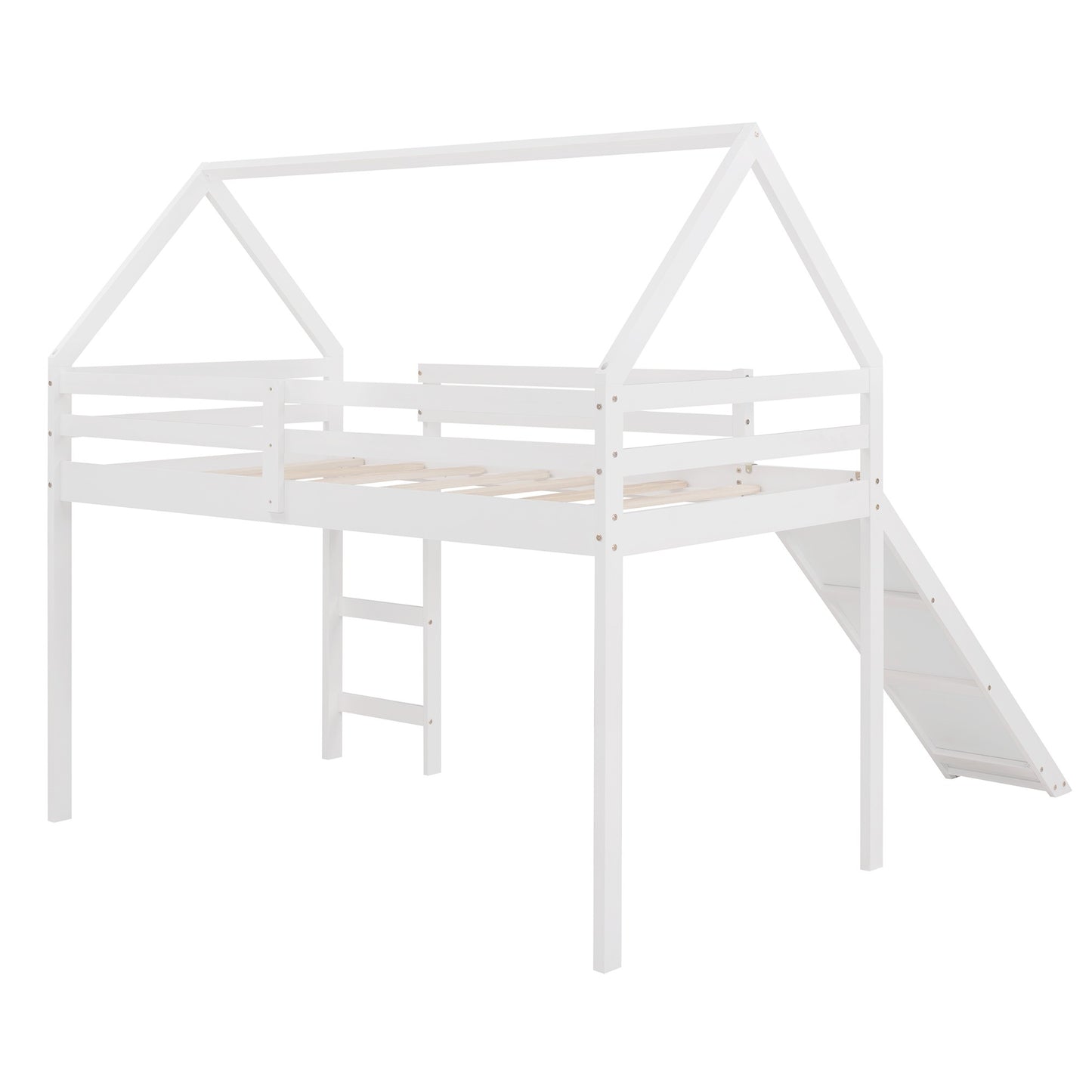 White Twin Size Slide House Loft Bed By Homeroots | Beds | Modishstore - 5