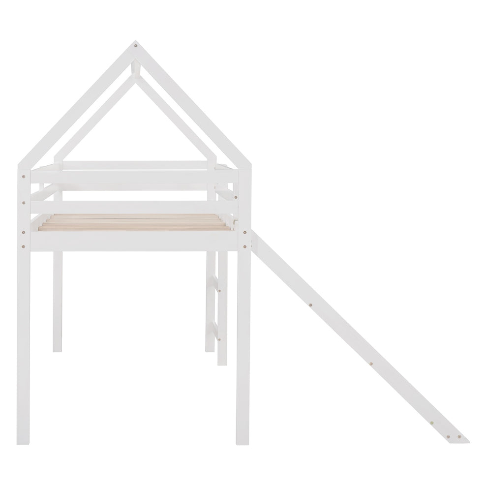 White Twin Size Slide House Loft Bed By Homeroots | Beds | Modishstore - 6