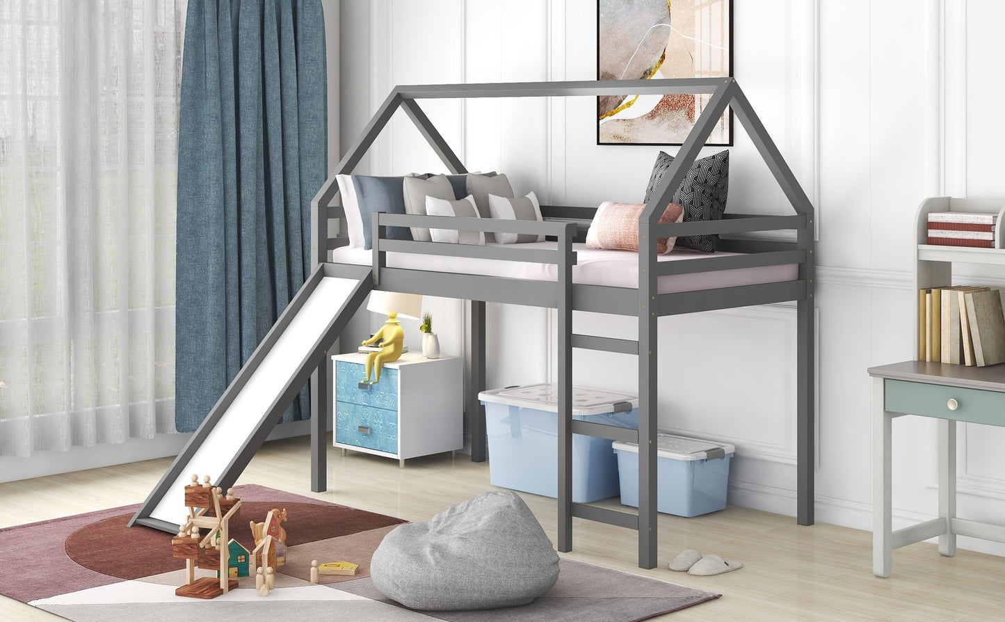 White Twin Size Slide House Loft Bed By Homeroots | Beds | Modishstore - 12