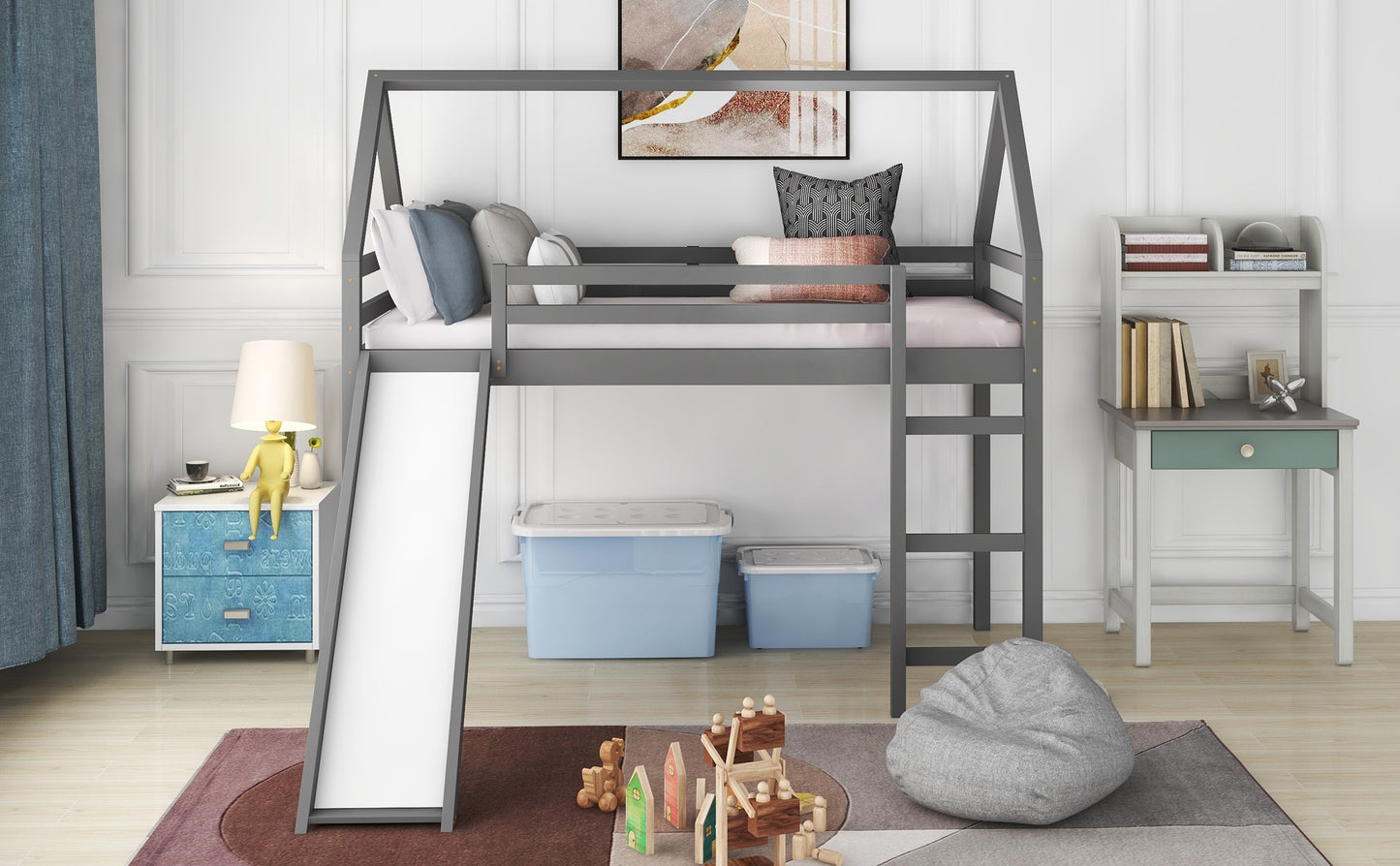 White Twin Size Slide House Loft Bed By Homeroots | Beds | Modishstore - 13