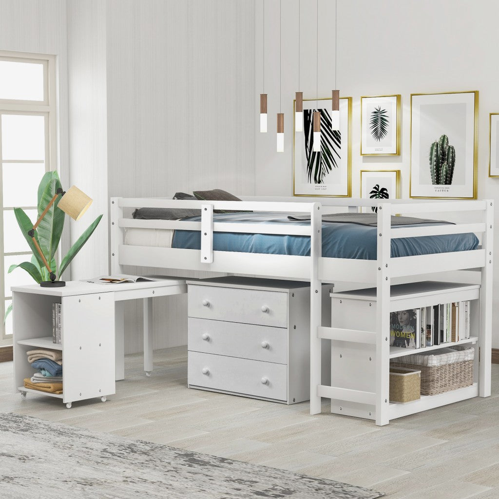 White Low Twin Loft Bed With Cabinet And Desk By Homeroots | Beds | Modishstore