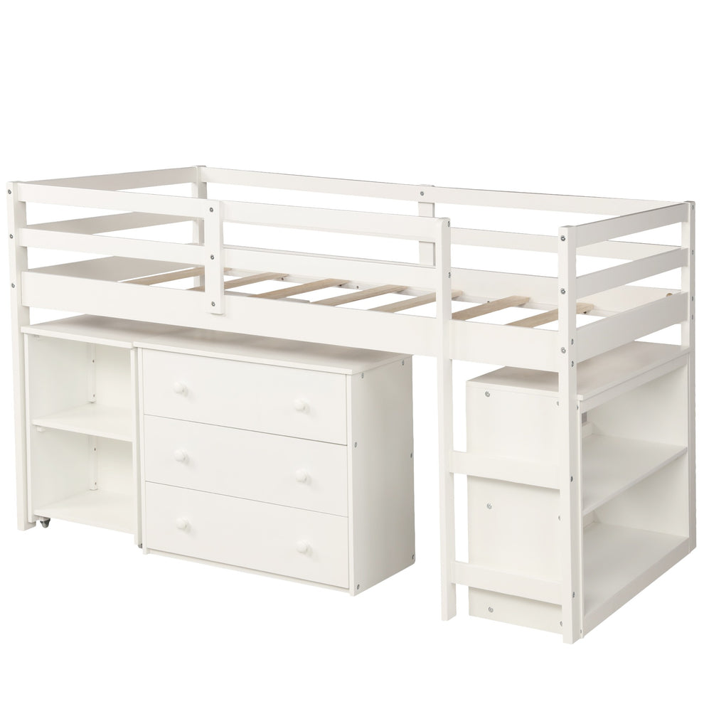 White Low Twin Loft Bed With Cabinet And Desk By Homeroots | Beds | Modishstore - 2