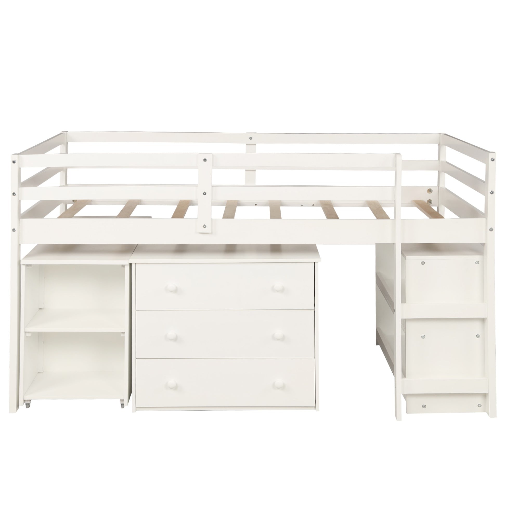 White Low Twin Loft Bed With Cabinet And Desk By Homeroots | Beds | Modishstore - 3