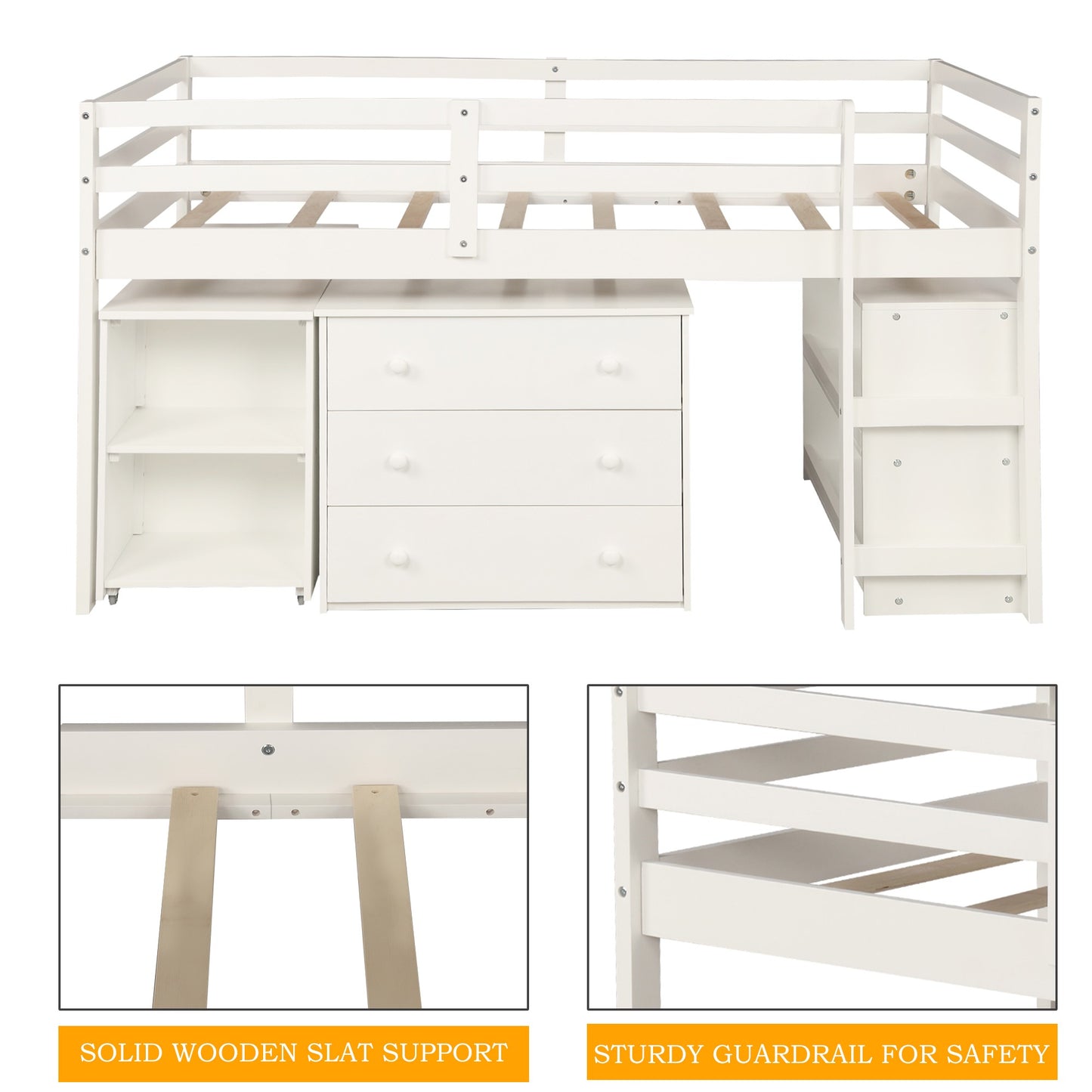 White Low Twin Loft Bed With Cabinet And Desk By Homeroots | Beds | Modishstore - 6
