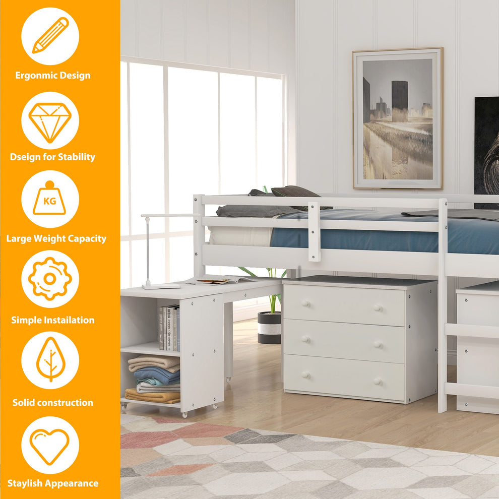 White Low Twin Loft Bed With Cabinet And Desk By Homeroots | Beds | Modishstore - 7