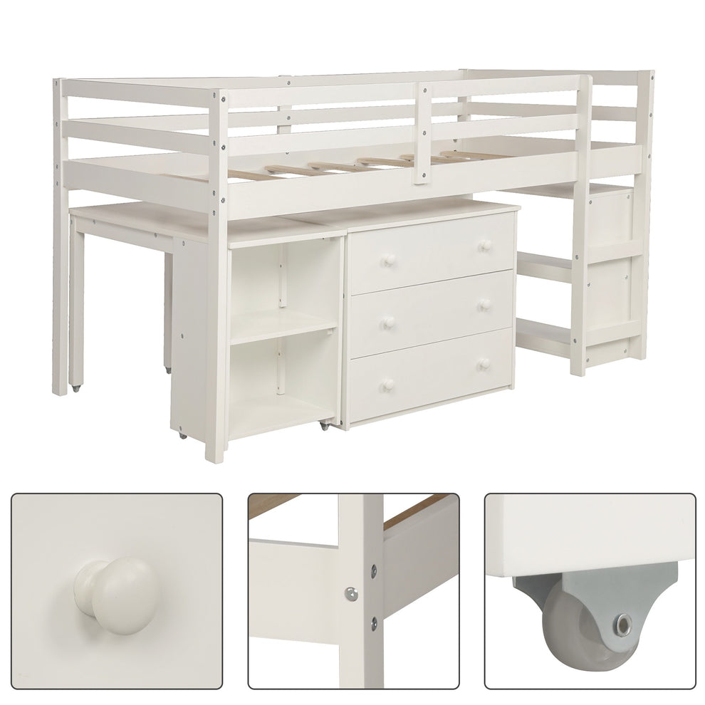 White Low Twin Loft Bed With Cabinet And Desk By Homeroots | Beds | Modishstore - 9