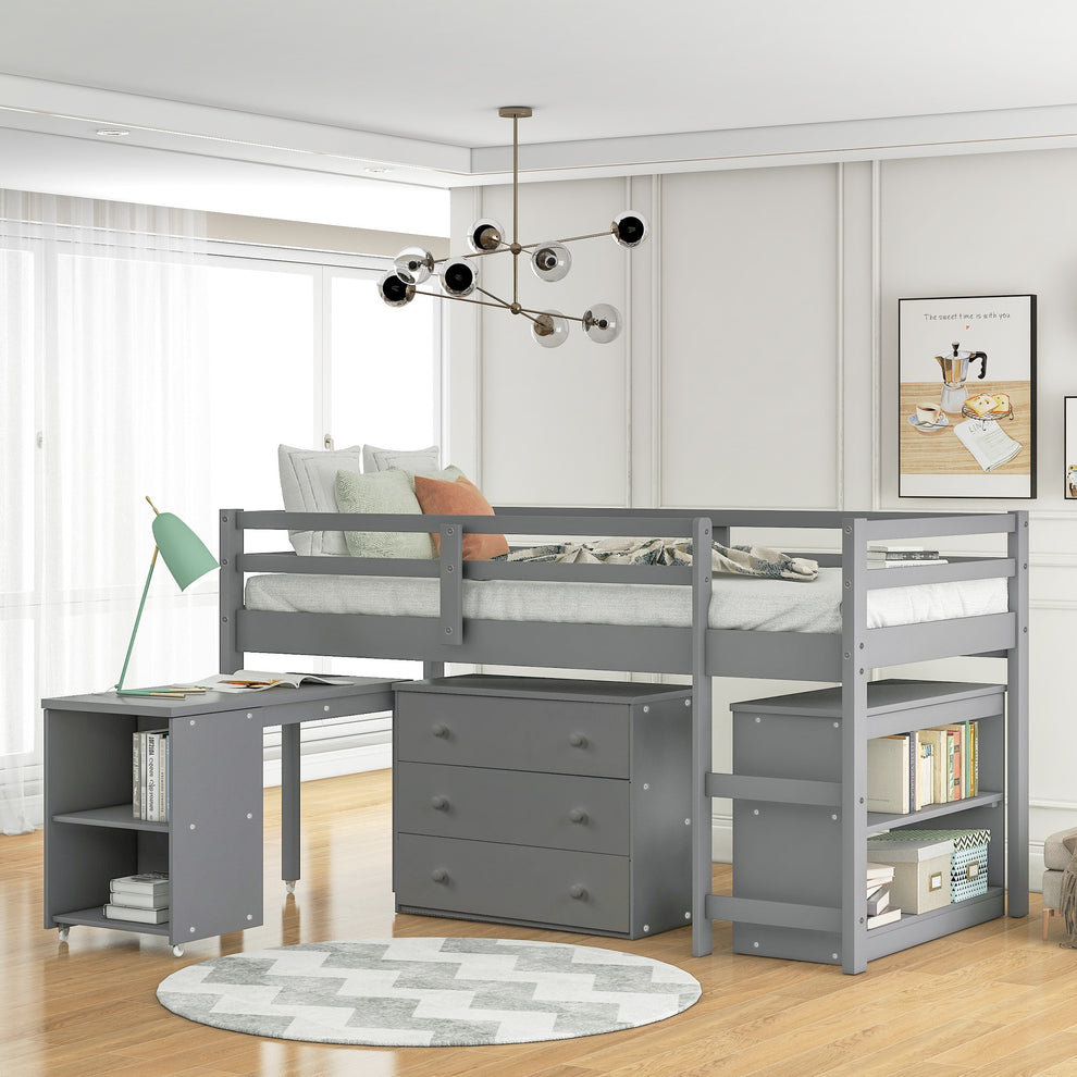 White Low Twin Loft Bed With Cabinet And Desk By Homeroots | Beds | Modishstore - 10