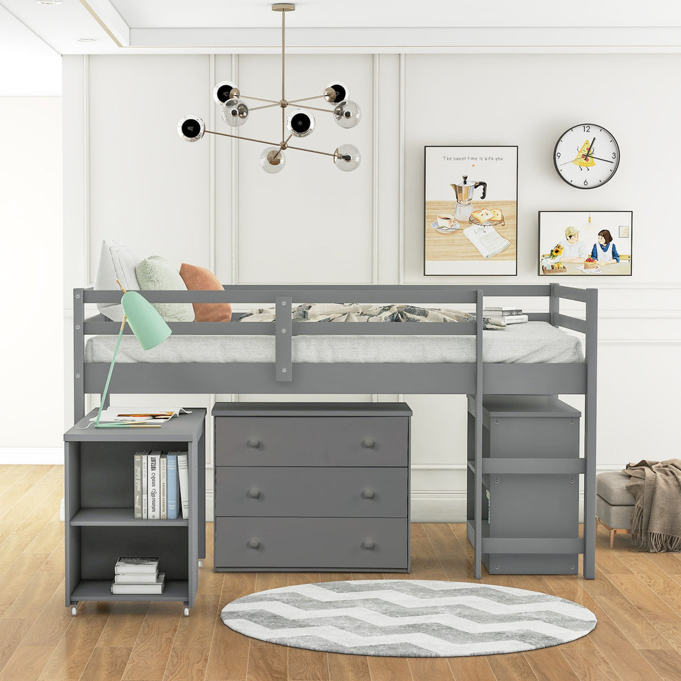 White Low Twin Loft Bed With Cabinet And Desk By Homeroots | Beds | Modishstore - 11