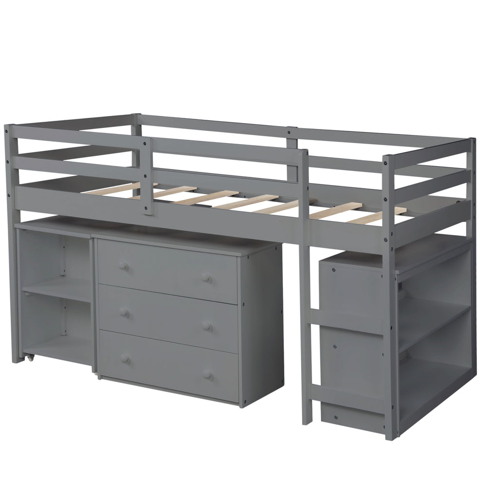 White Low Twin Loft Bed With Cabinet And Desk By Homeroots | Beds | Modishstore - 14