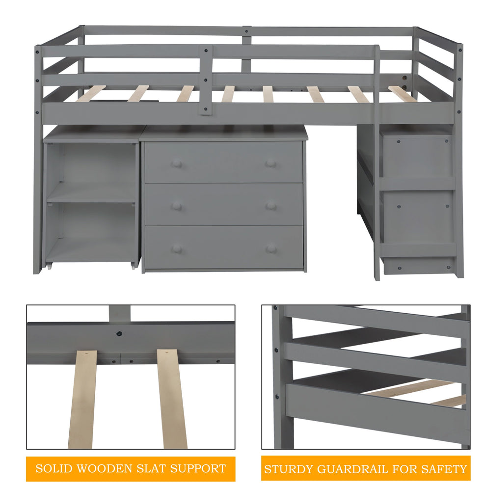 White Low Twin Loft Bed With Cabinet And Desk By Homeroots | Beds | Modishstore - 16