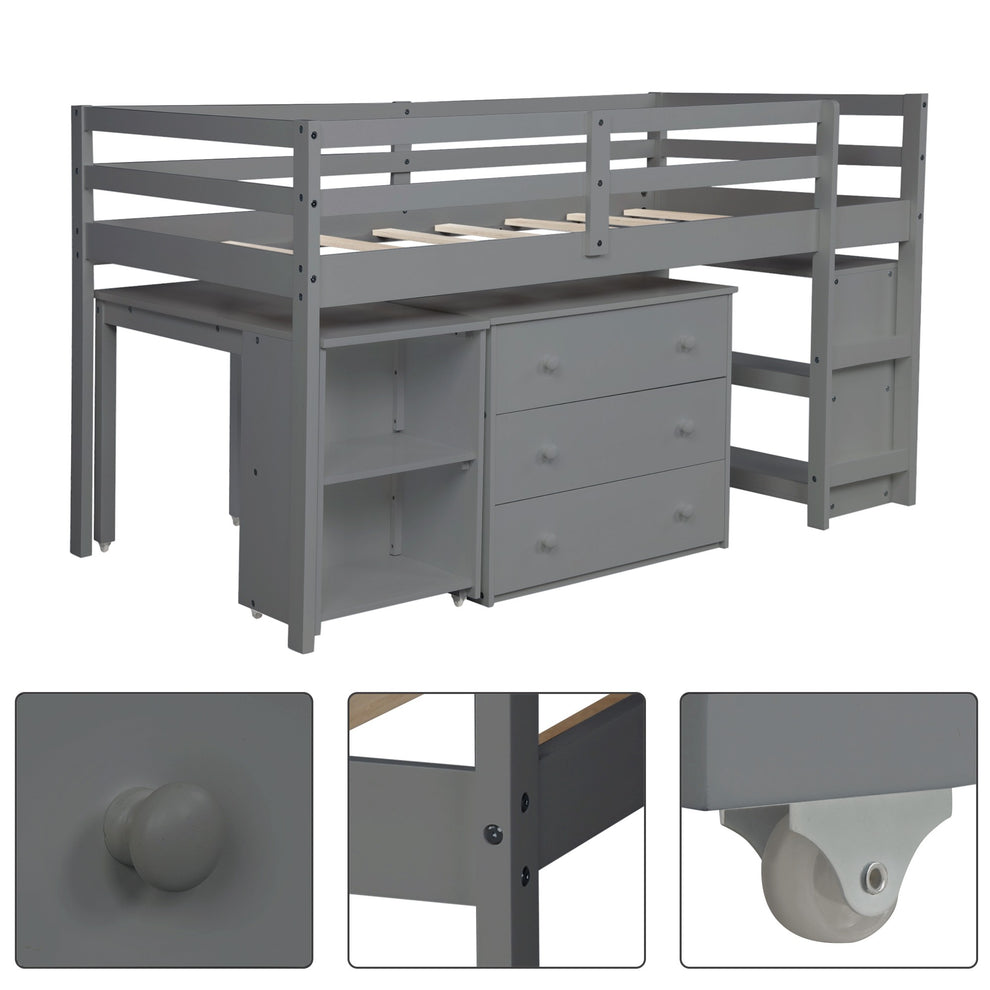 White Low Twin Loft Bed With Cabinet And Desk By Homeroots | Beds | Modishstore - 17