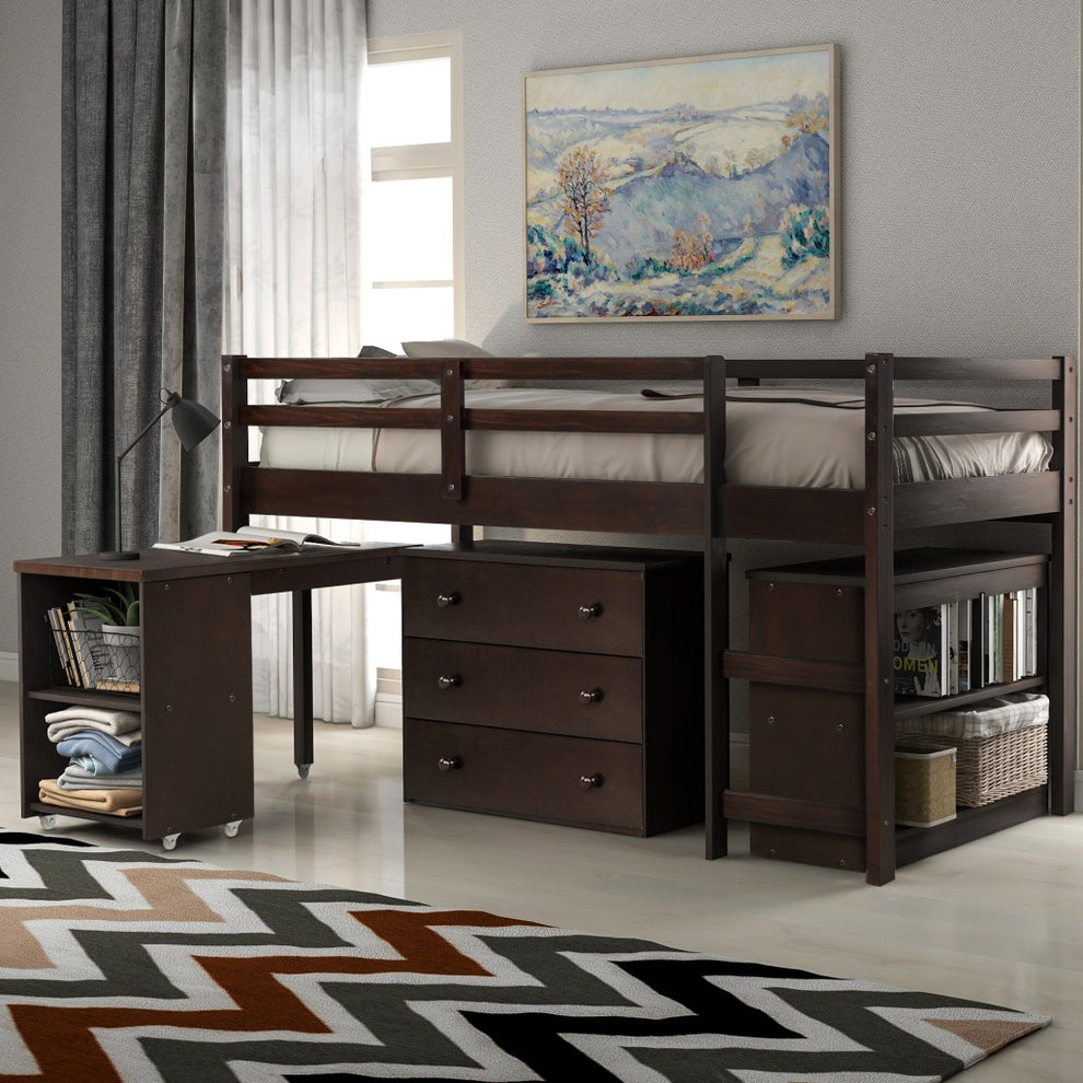 White Low Twin Loft Bed With Cabinet And Desk By Homeroots | Beds | Modishstore - 19