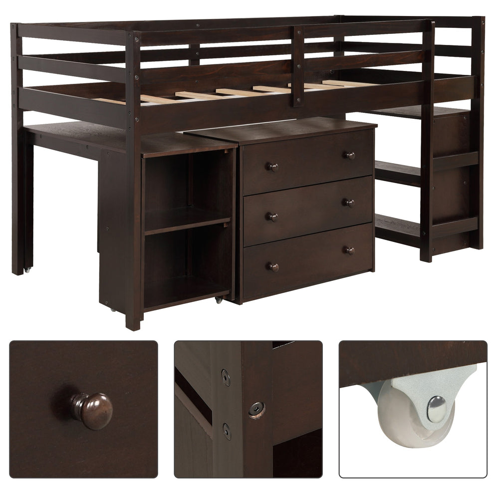 White Low Twin Loft Bed With Cabinet And Desk By Homeroots | Beds | Modishstore - 23