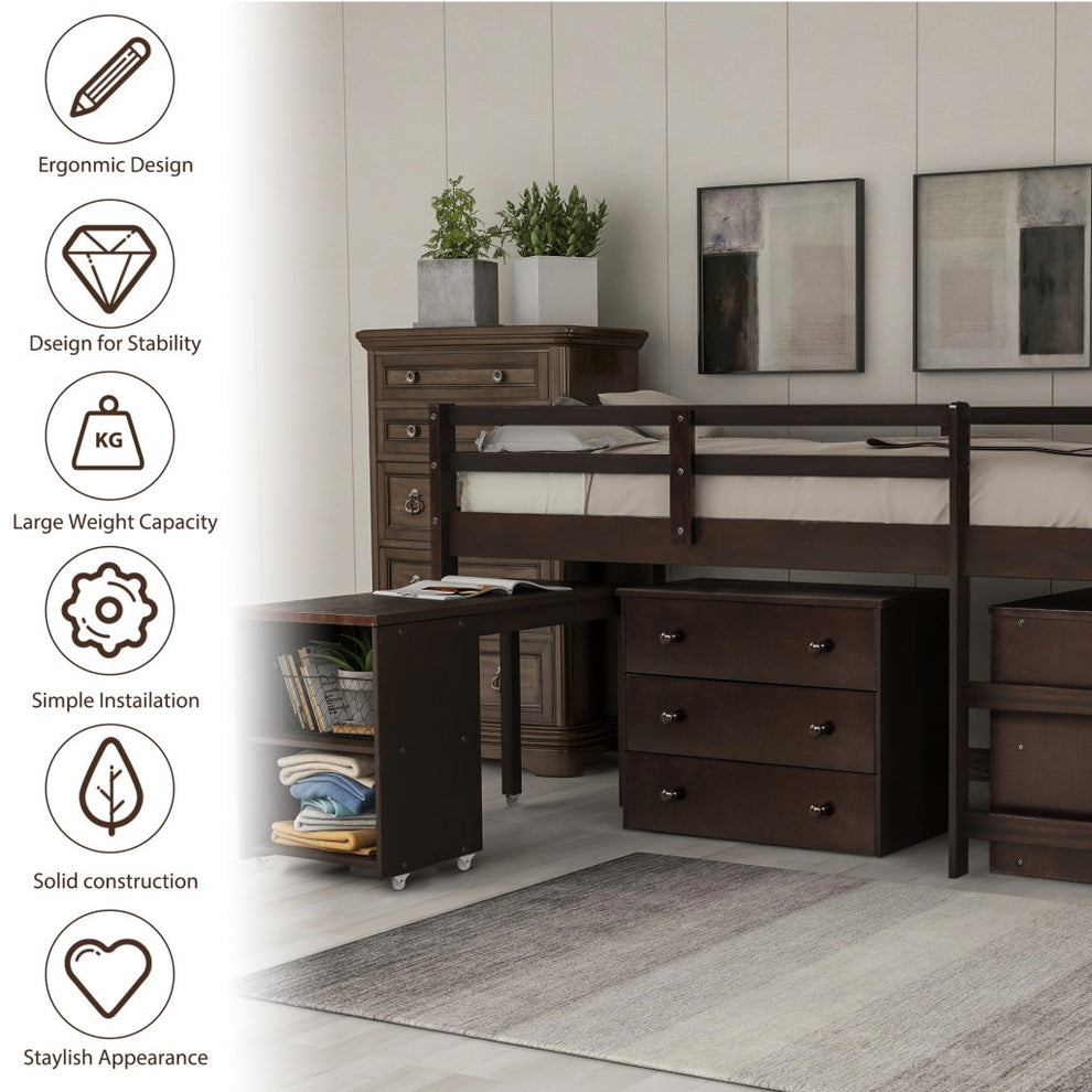 White Low Twin Loft Bed With Cabinet And Desk By Homeroots | Beds | Modishstore - 26