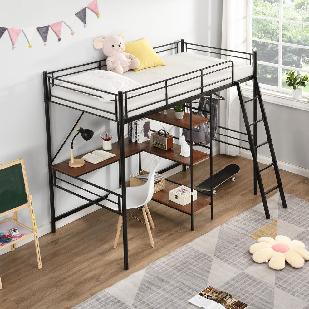 Black Twin Size Metal Loft Bed With Desk And Shelves By Homeroots | Beds | Modishstore - 2
