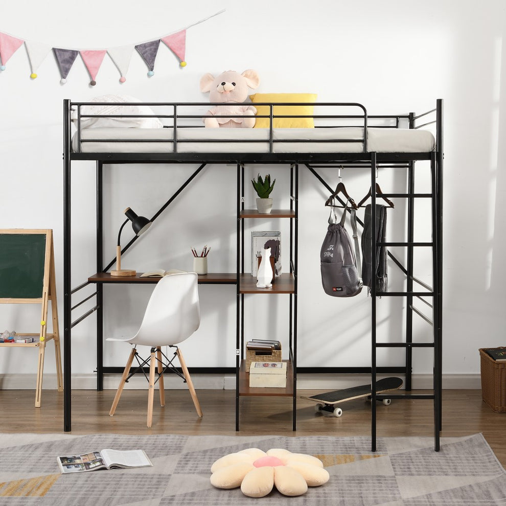 Black Twin Size Metal Loft Bed With Desk And Shelves By Homeroots | Beds | Modishstore - 3