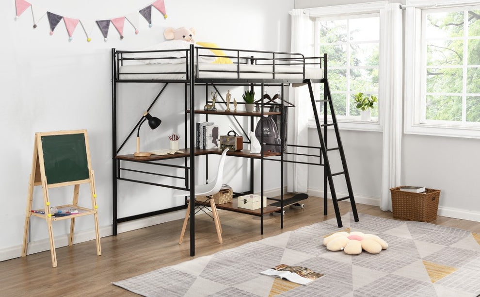 Black Twin Size Metal Loft Bed With Desk And Shelves By Homeroots | Beds | Modishstore - 4