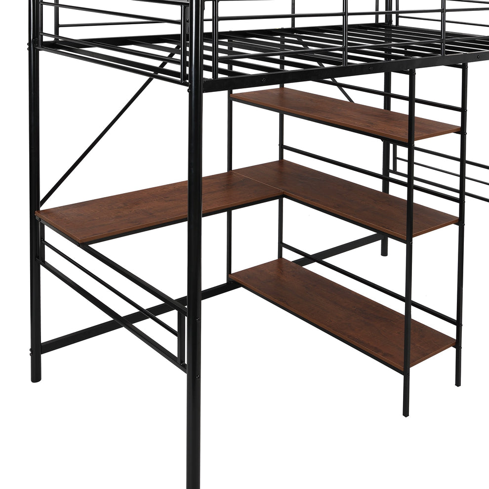 Black Twin Size Metal Loft Bed With Desk And Shelves By Homeroots | Beds | Modishstore - 5