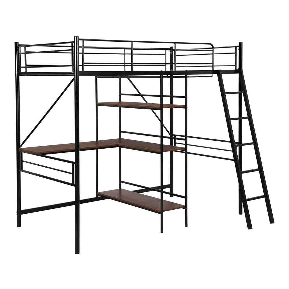Black Twin Size Metal Loft Bed With Desk And Shelves By Homeroots | Beds | Modishstore - 6