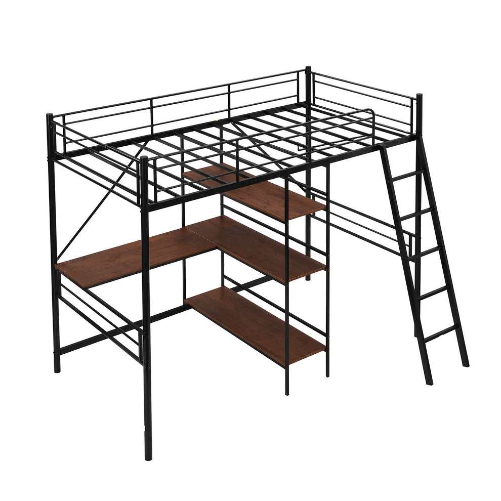 Black Twin Size Metal Loft Bed With Desk And Shelves By Homeroots | Beds | Modishstore - 7