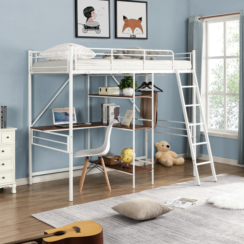 White Twin Size Metal Loft Bed With Desk And Shelves By Homeroots | Beds | Modishstore