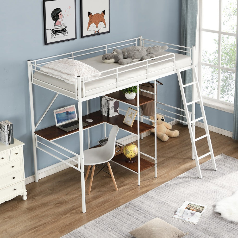 White Twin Size Metal Loft Bed With Desk And Shelves By Homeroots | Beds | Modishstore - 2