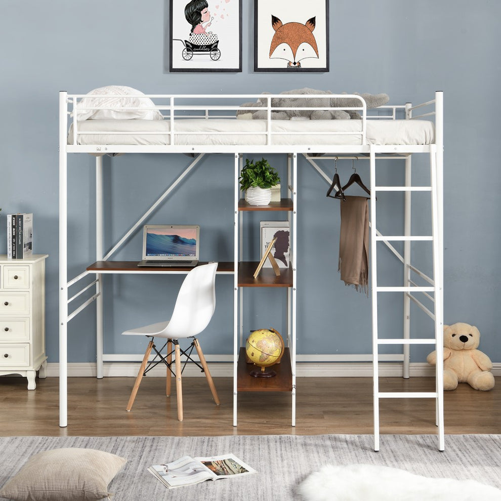 White Twin Size Metal Loft Bed With Desk And Shelves By Homeroots | Beds | Modishstore - 3