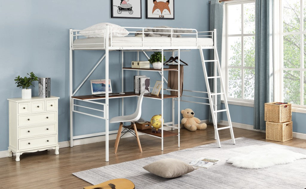 White Twin Size Metal Loft Bed With Desk And Shelves By Homeroots | Beds | Modishstore - 4