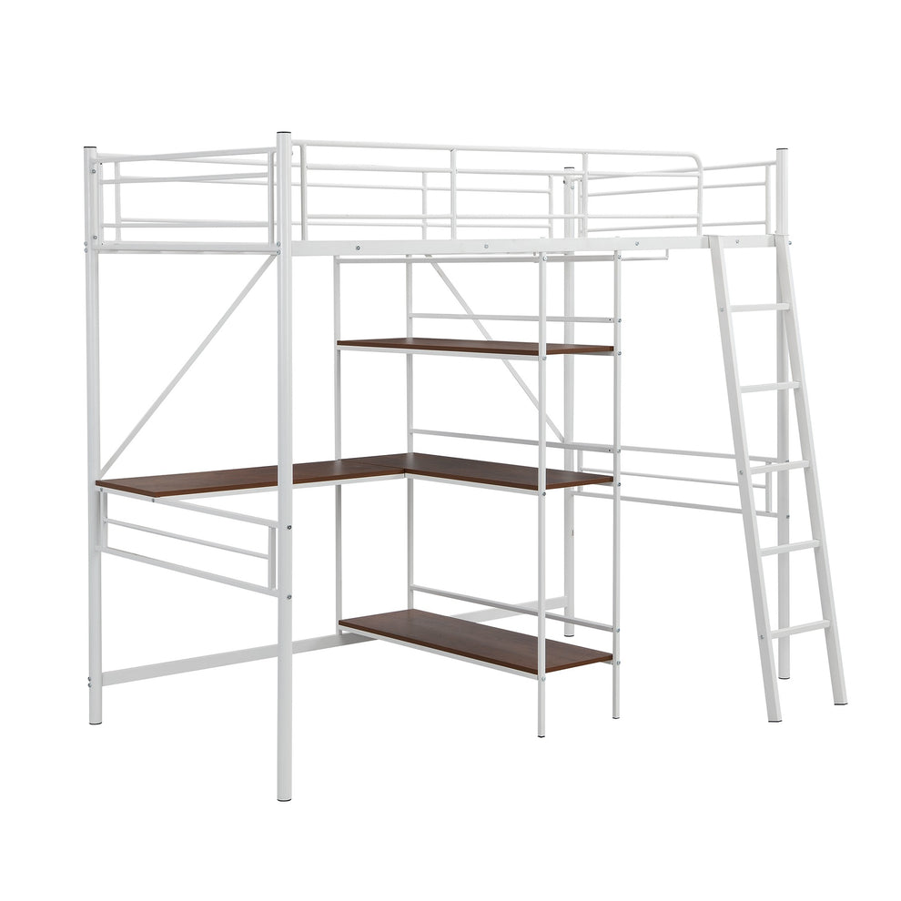 White Twin Size Metal Loft Bed With Desk And Shelves By Homeroots | Beds | Modishstore - 5
