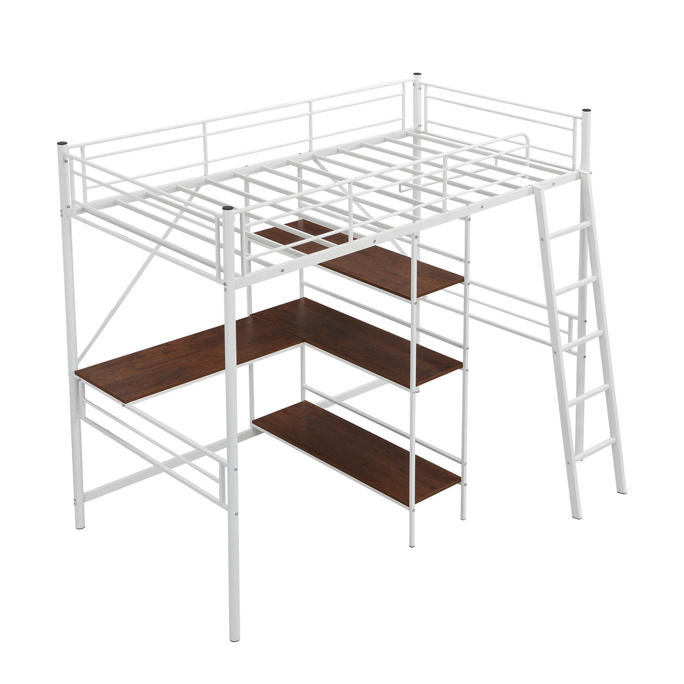 White Twin Size Metal Loft Bed With Desk And Shelves By Homeroots | Beds | Modishstore - 6