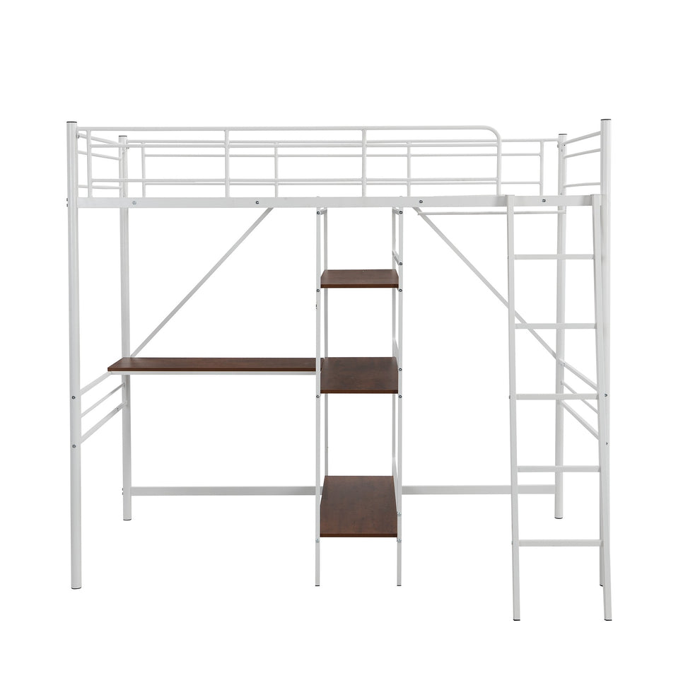 White Twin Size Metal Loft Bed With Desk And Shelves By Homeroots | Beds | Modishstore - 7