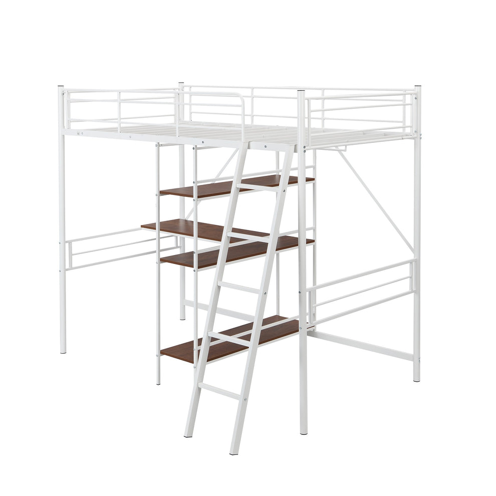 White Twin Size Metal Loft Bed With Desk And Shelves By Homeroots | Beds | Modishstore - 8