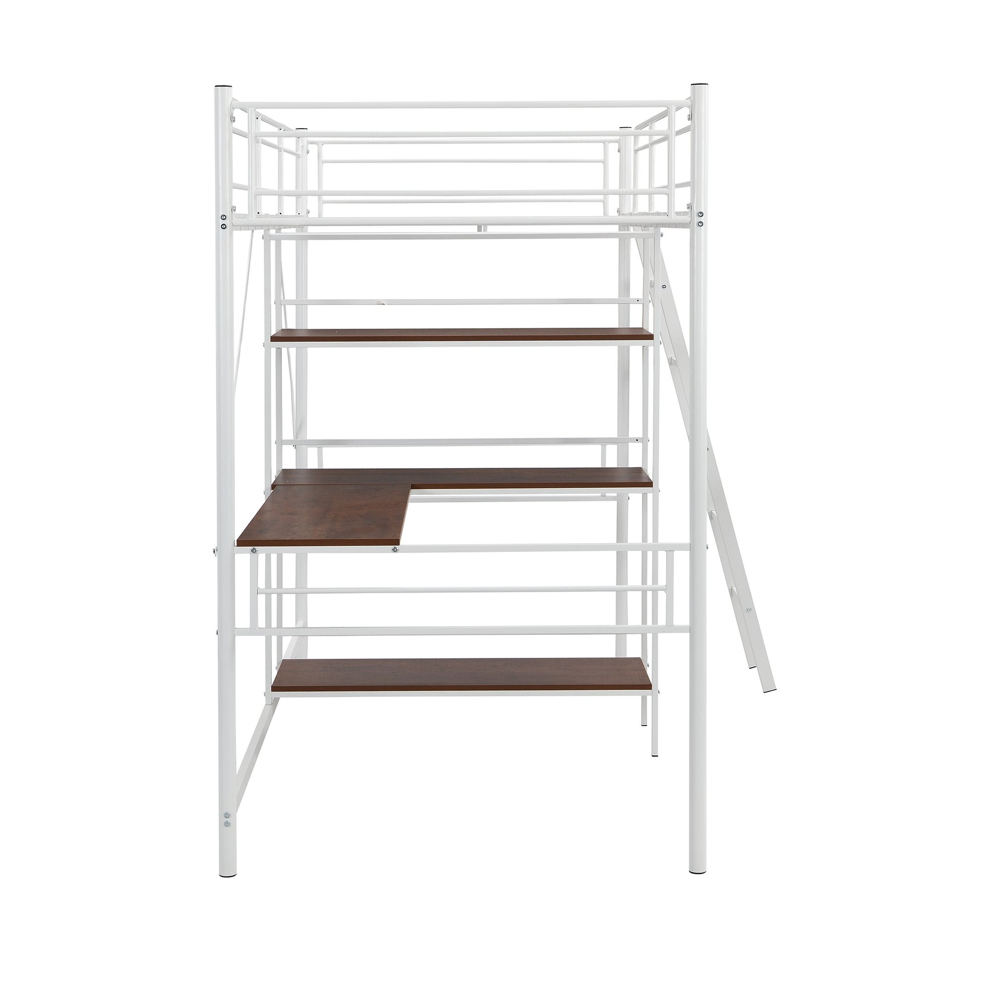 White Twin Size Metal Loft Bed With Desk And Shelves By Homeroots | Beds | Modishstore - 9