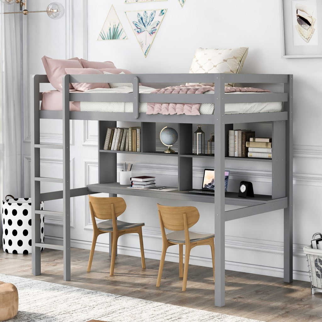 Gray Twin Loft Bed With Desk And Shelves By Homeroots | Beds | Modishstore