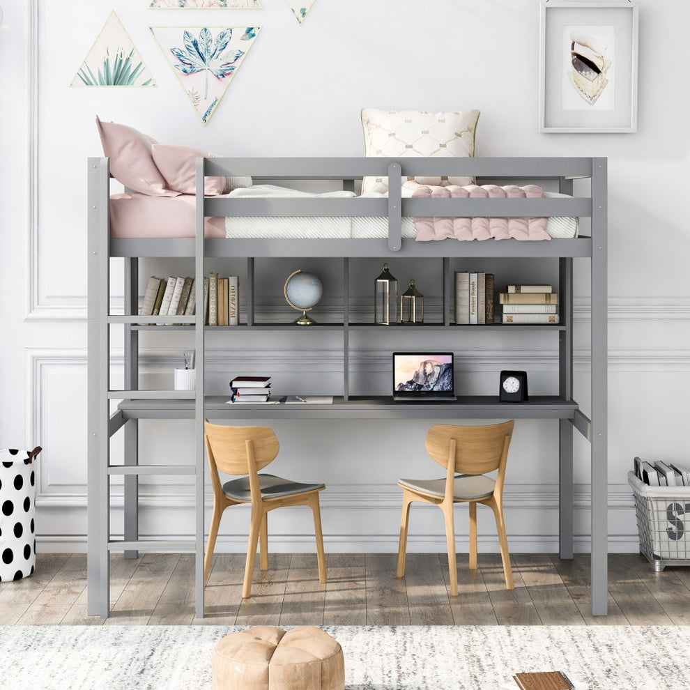 Gray Twin Loft Bed With Desk And Shelves By Homeroots | Beds | Modishstore - 2