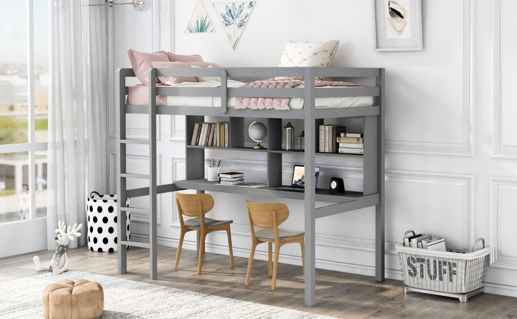 Gray Twin Loft Bed With Desk And Shelves By Homeroots | Beds | Modishstore - 3
