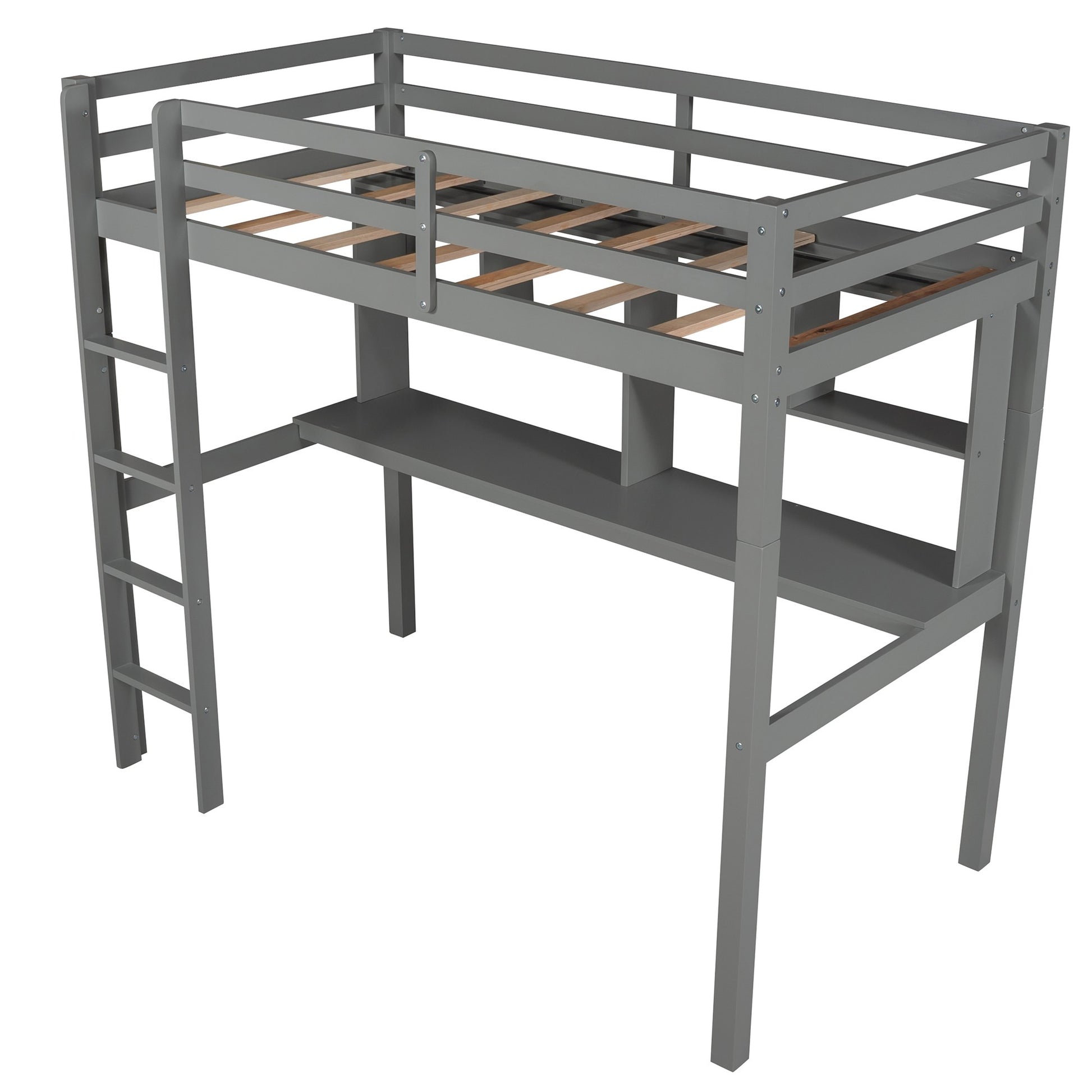 Gray Twin Loft Bed With Desk And Shelves By Homeroots | Beds | Modishstore - 6