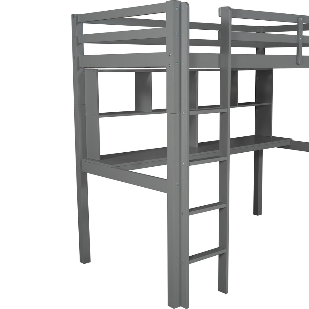 Gray Twin Loft Bed With Desk And Shelves By Homeroots | Beds | Modishstore - 9