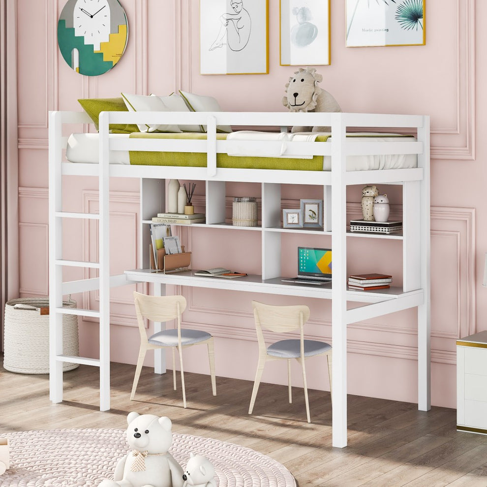 Gray Twin Loft Bed With Desk And Shelves By Homeroots | Beds | Modishstore - 10