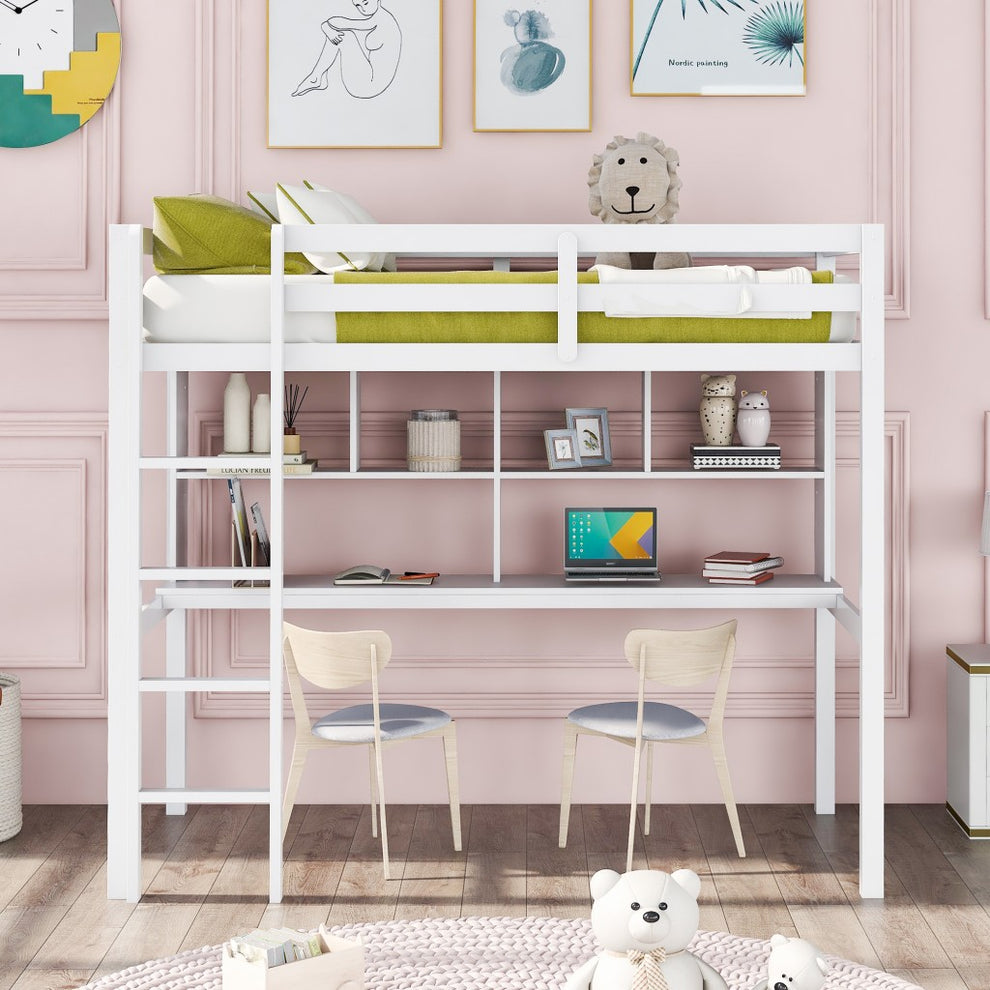 Gray Twin Loft Bed With Desk And Shelves By Homeroots | Beds | Modishstore - 11