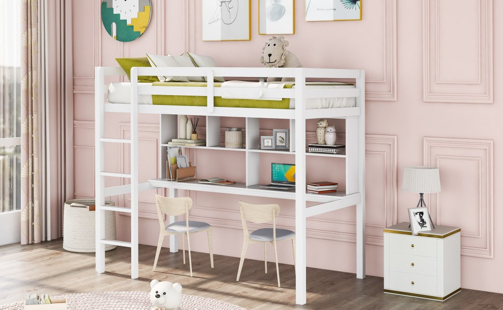 Gray Twin Loft Bed With Desk And Shelves By Homeroots | Beds | Modishstore - 12