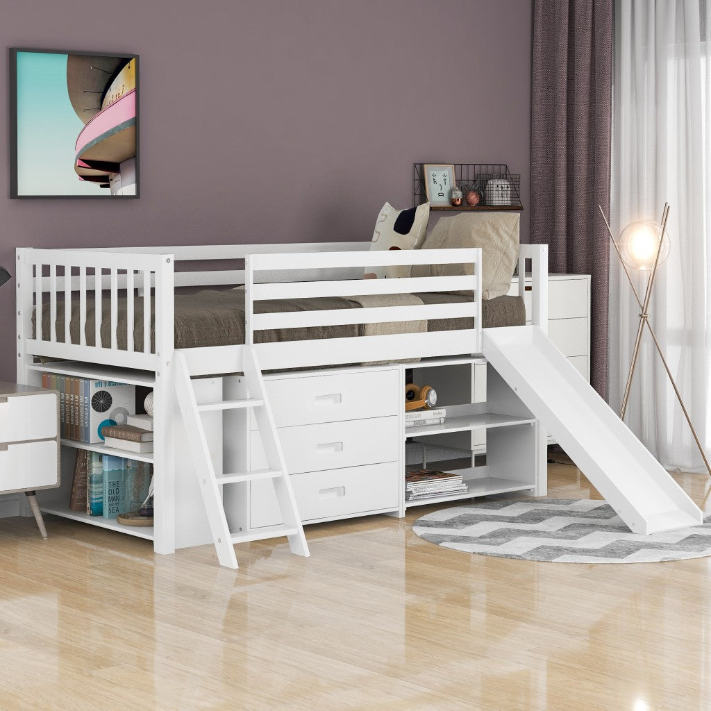 White Twin Loft Bed With Cabinet And Shelves By Homeroots | Beds | Modishstore