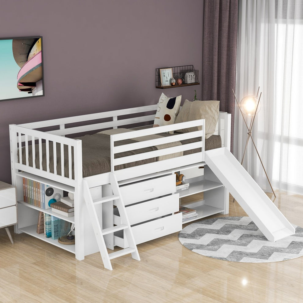 White Twin Loft Bed With Cabinet And Shelves By Homeroots | Beds | Modishstore - 2