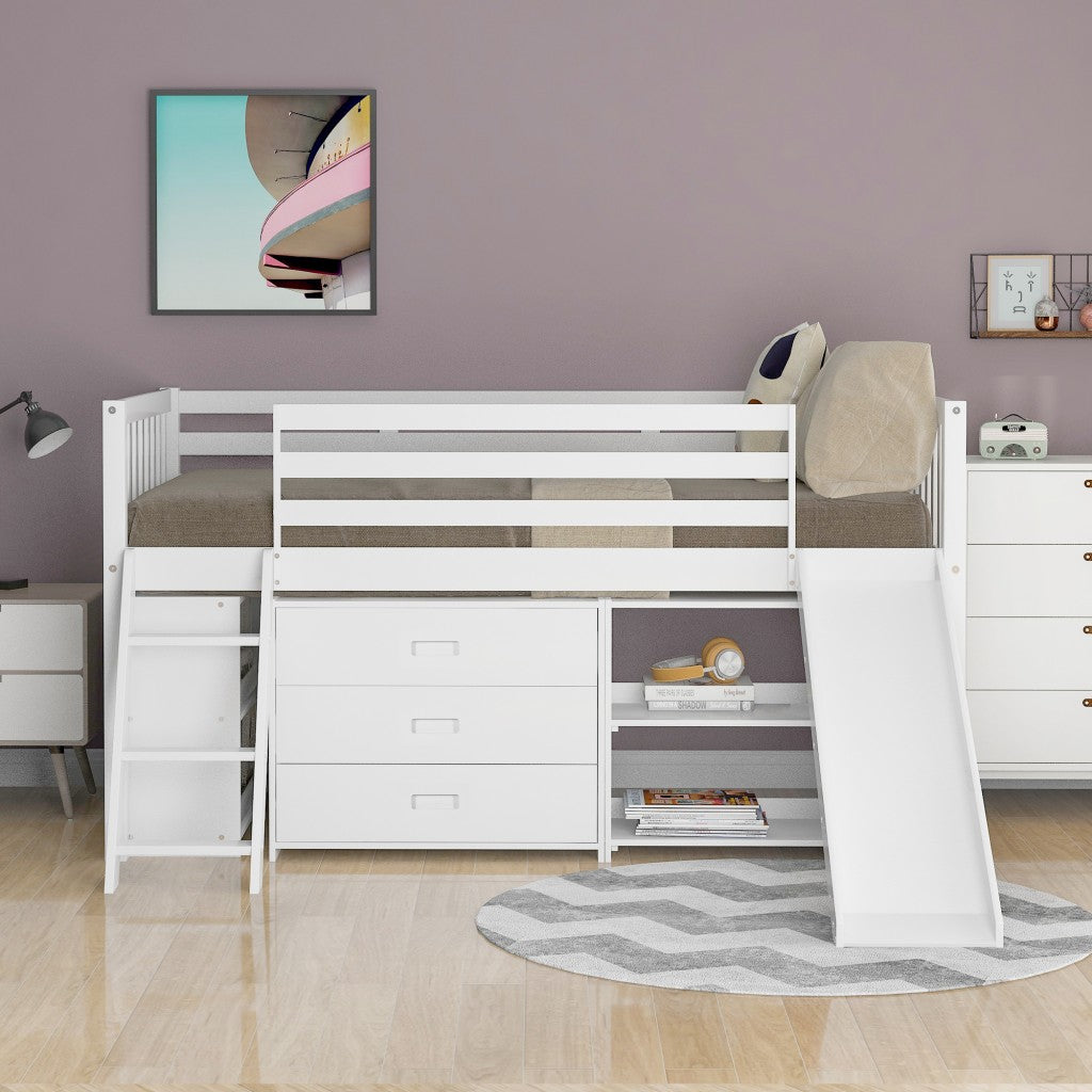 White Twin Loft Bed With Cabinet And Shelves By Homeroots | Beds | Modishstore - 3