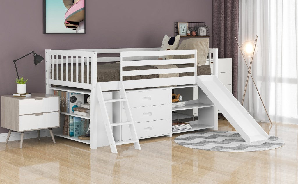 White Twin Loft Bed With Cabinet And Shelves By Homeroots | Beds | Modishstore - 4