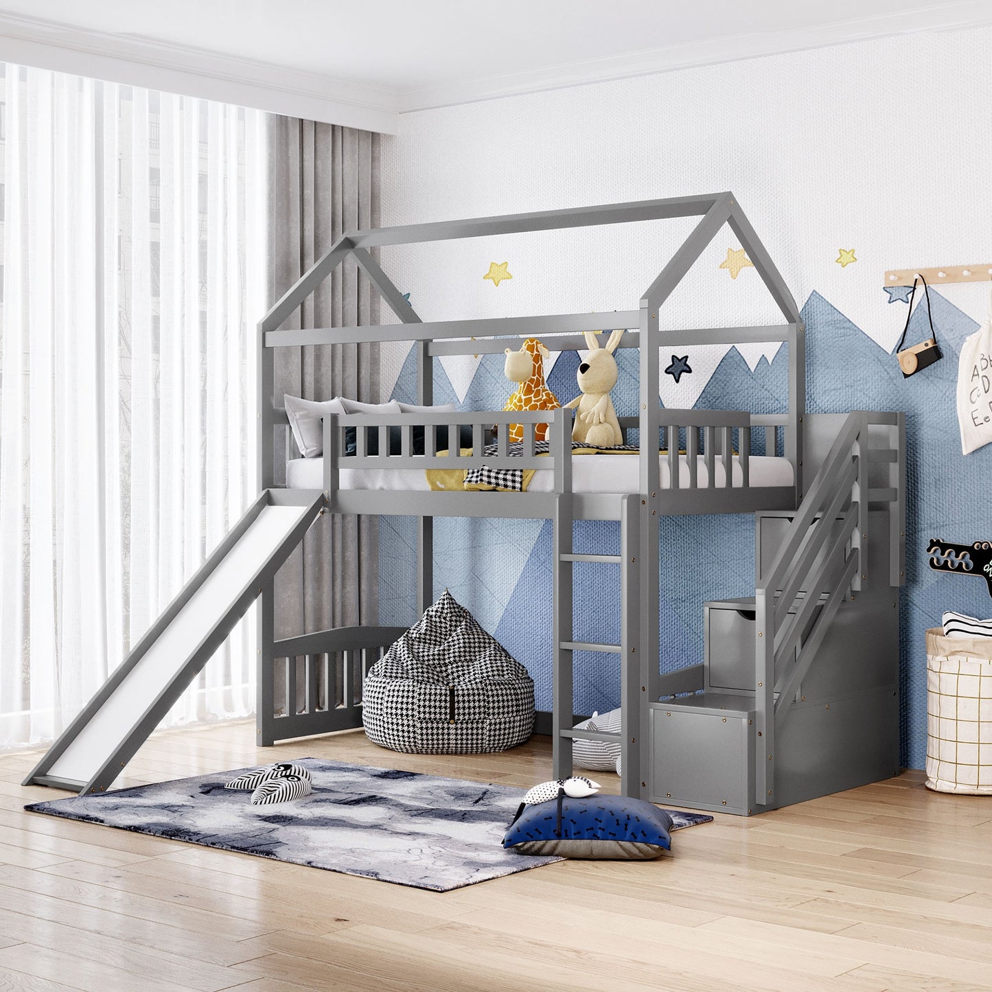 Cool Gray Twin Size Loft Bed With Slide And Storage By Homeroots | Beds | Modishstore