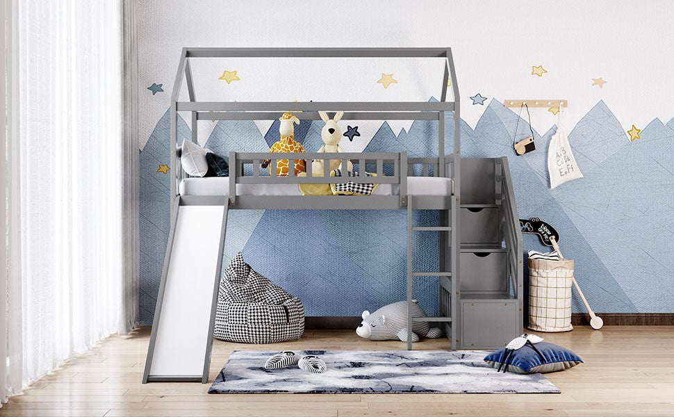 Cool Gray Twin Size Loft Bed With Slide And Storage By Homeroots | Beds | Modishstore - 3