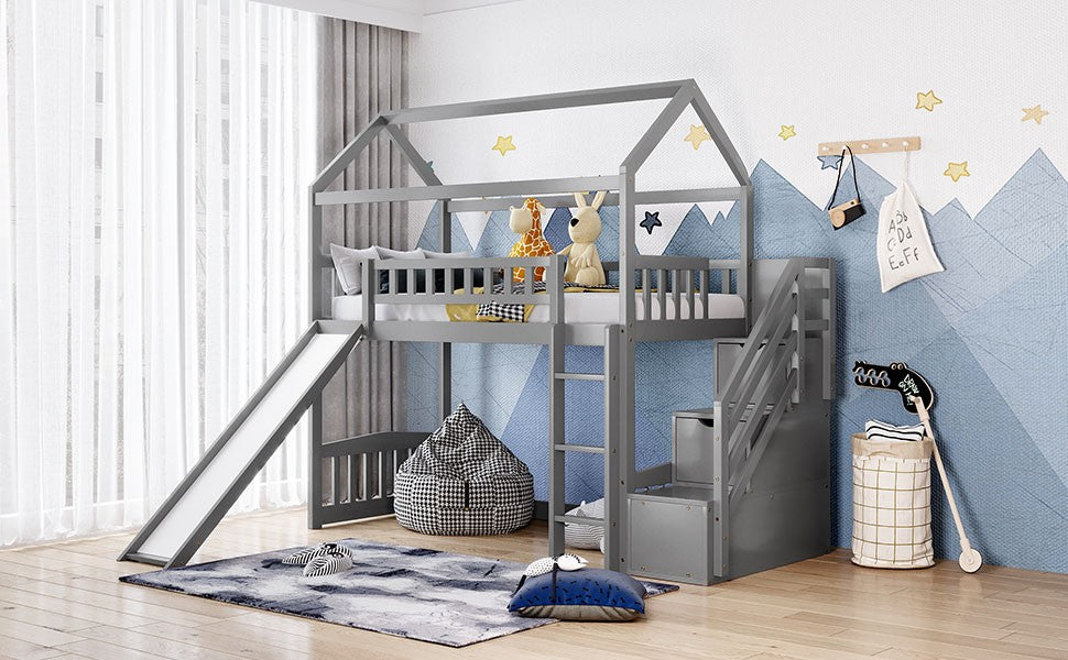 Cool Gray Twin Size Loft Bed With Slide And Storage By Homeroots | Beds | Modishstore - 4