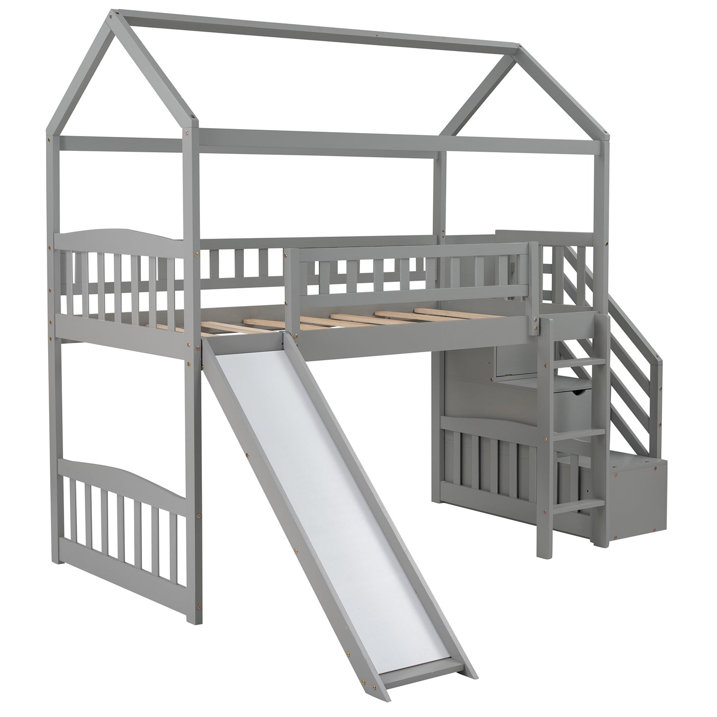 Cool Gray Twin Size Loft Bed With Slide And Storage By Homeroots | Beds | Modishstore - 5